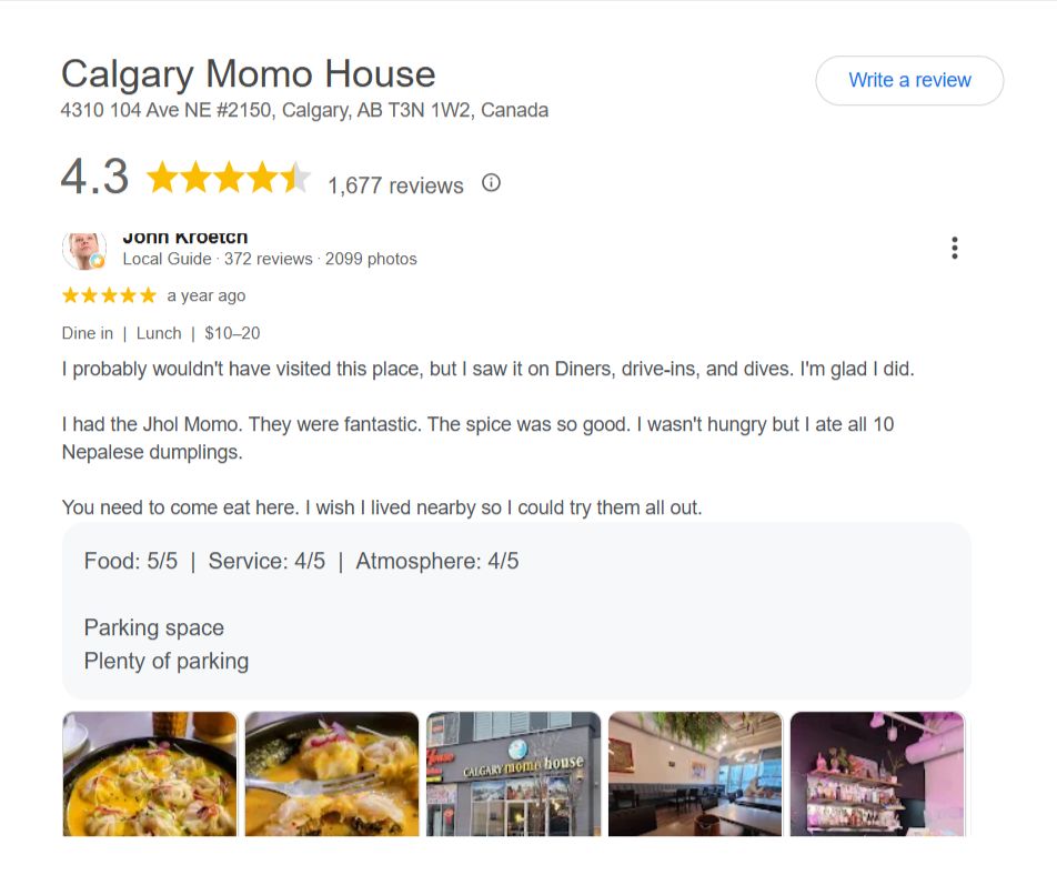Calgary Momo House Google Review 1