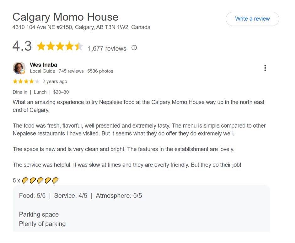 Calgary Momo House Google Review 2